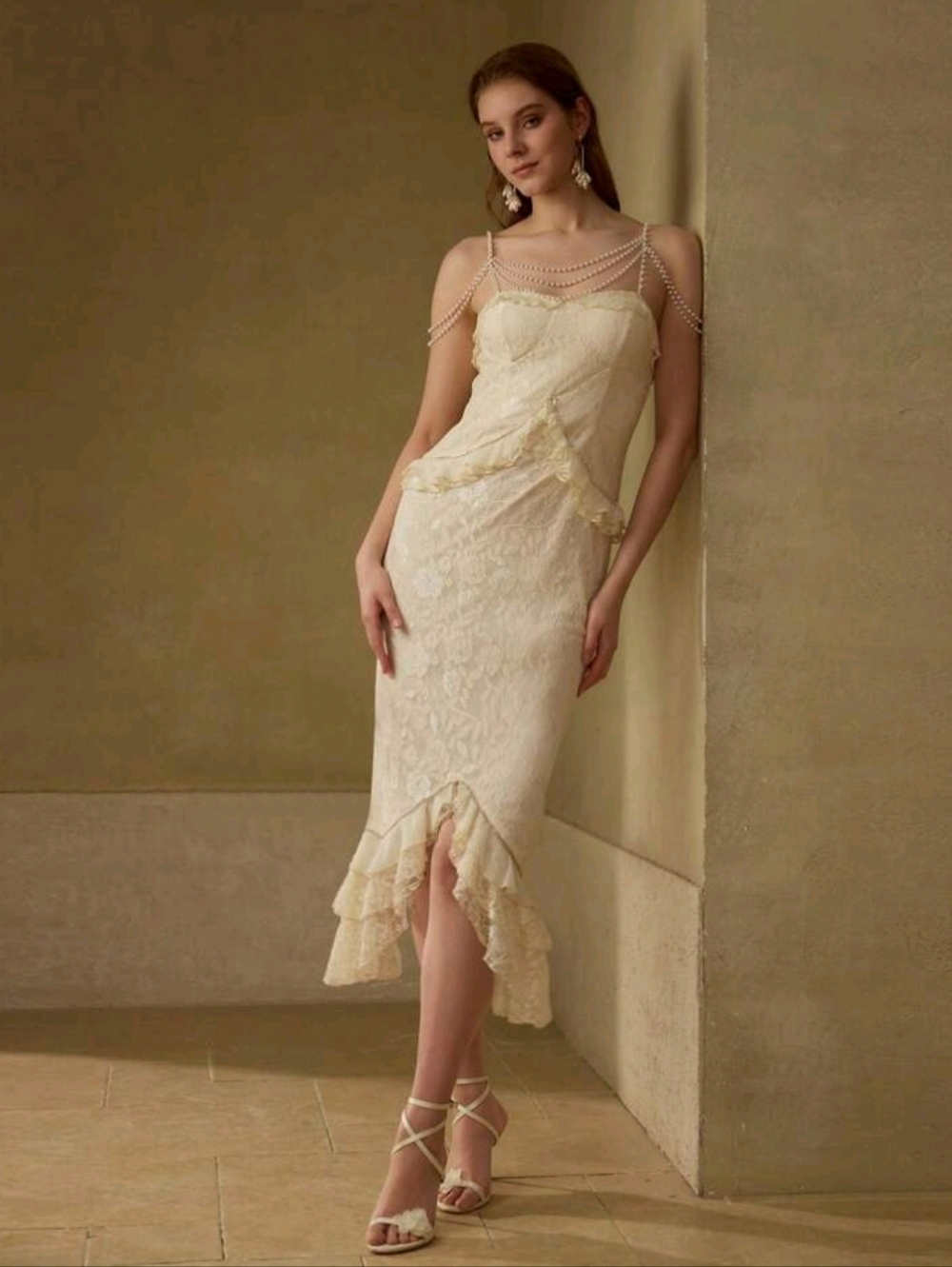 Pearl-Embellished Lace Midi Dress in Cream